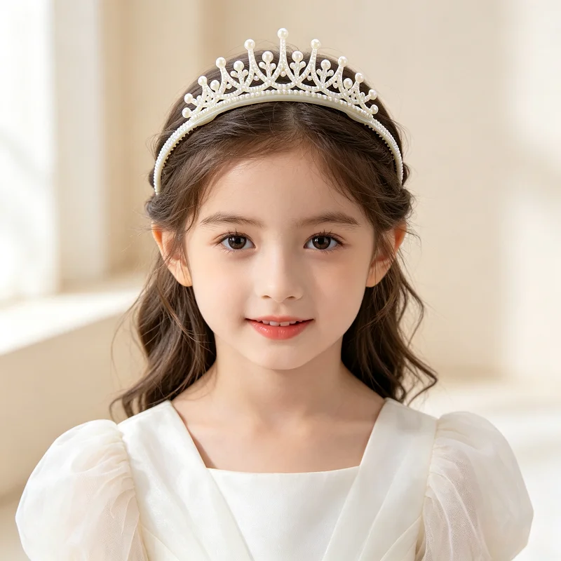 Kids White Plastic Pearl Princess Tiara Headband Girls Anti‑slip Crown Hair Hoop Birthday Party Dress‑up Hair Accessories