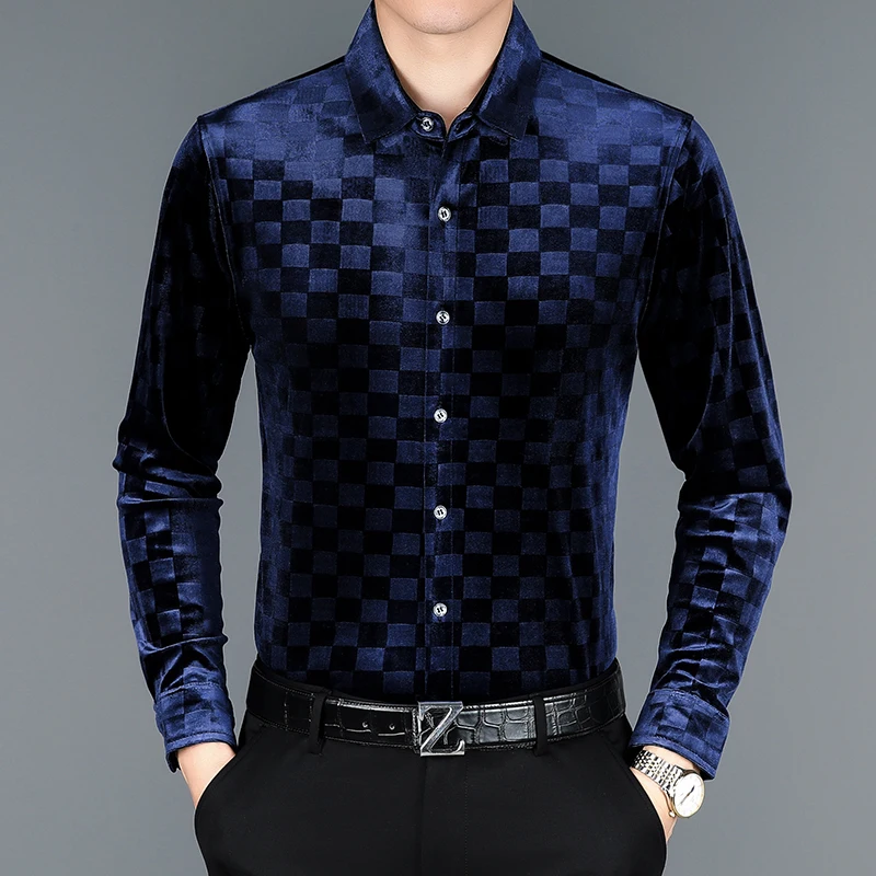 Camisa informal a cuadros para hombre, camisa de manga larga de terciopelo suave y cómoda, de lujo, para negocios, a la moda, para otoño, nueva calidad