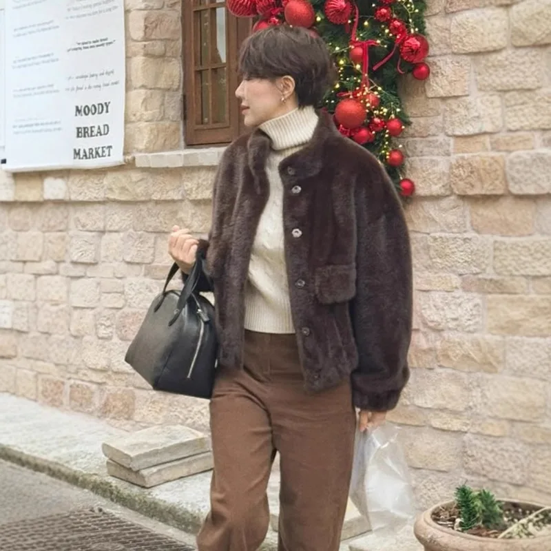 Effen Dames Chic Nepbont Korte Jas Casual Single Breasted Opstaande Kraag Losse Warme Jassen Dame Winter Dagelijks High Street Jas