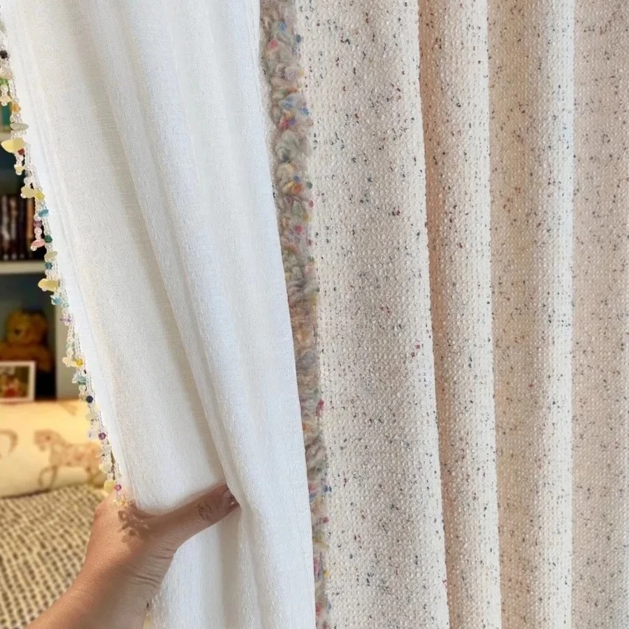 Color Grain Cotton Linen Cream Cotton Linen Thickened Curtains for Linen Lace Splicing Living Room Bedroom French Window
