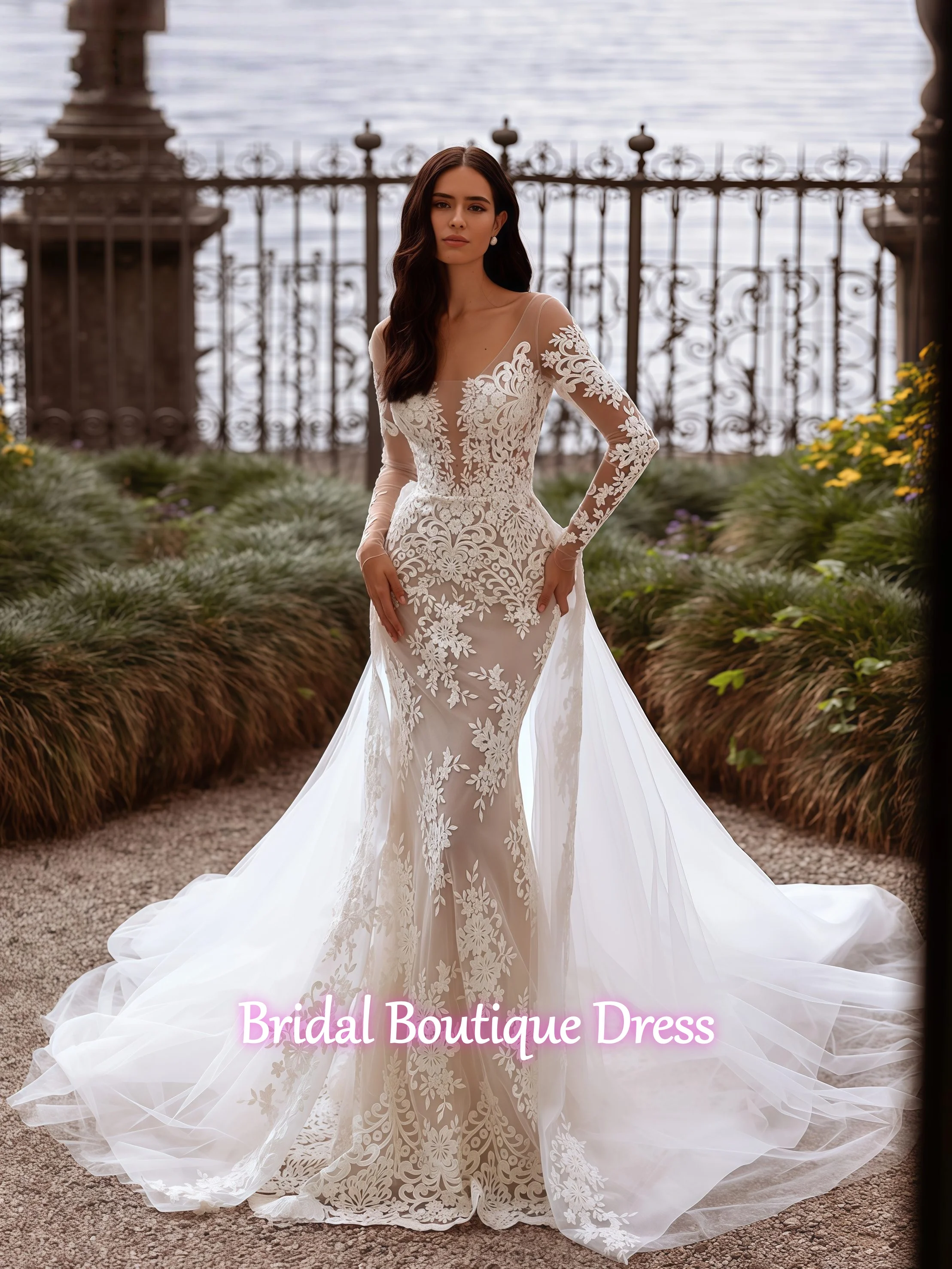 

Кружевное свадебное платье русалки со съемным шлейфом, свадебное платье с длинными рукавами и милой аппликацией, блестящий тюль со шлейфом