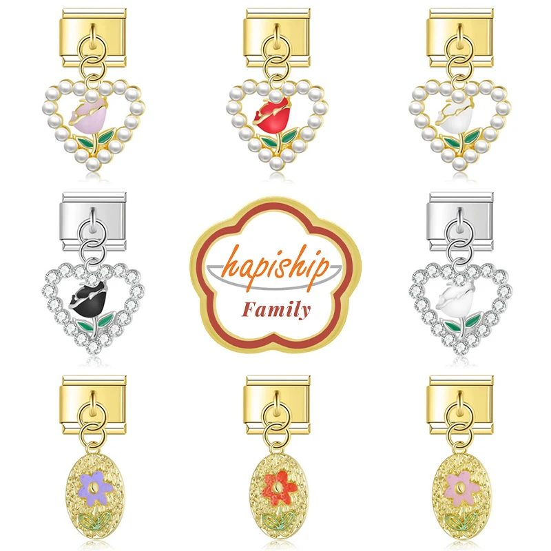 Hapiship Family Women Fashions Romantic Flowers Charms Italian Links Fit 9mm Bracelet Stainless Steel Making DIY Jewelry NEW394