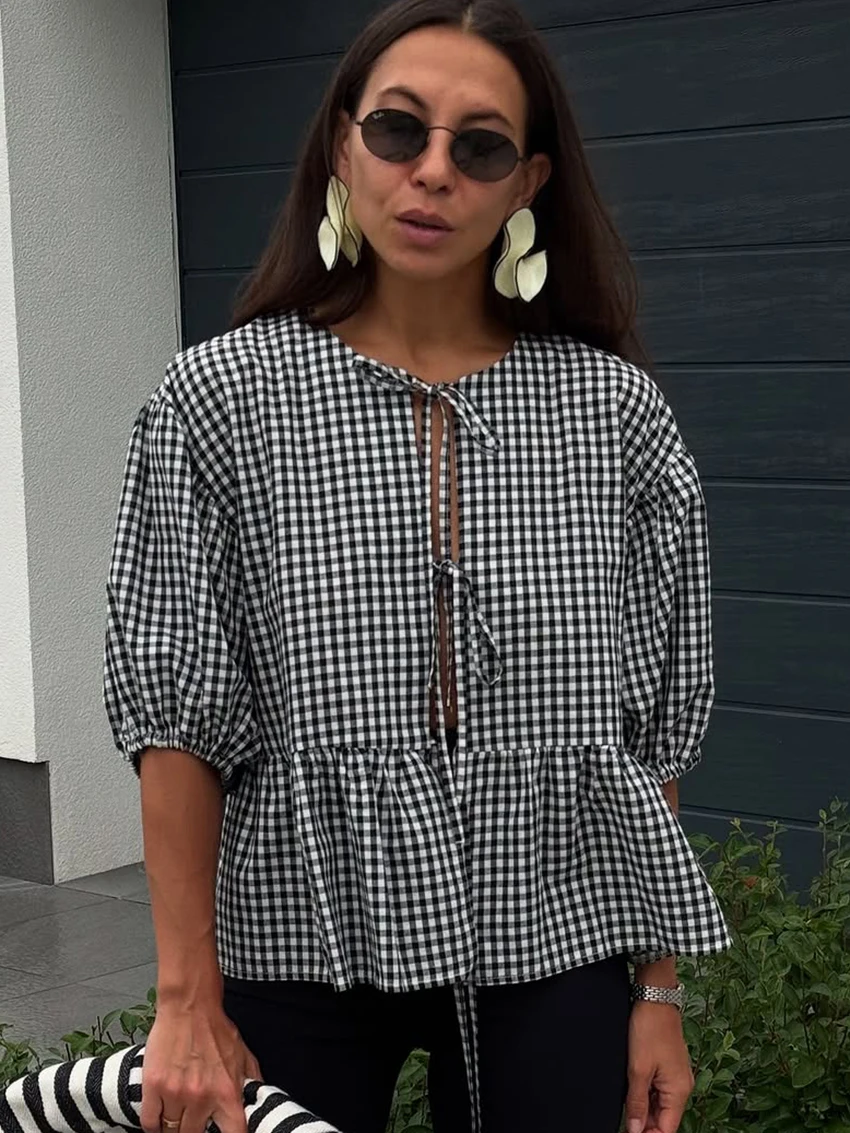 

Parc Fee Summer Loose Black Plaid Women's Shirt Fashion O-Neck Short Sleeve Blouse Elegant Classic Lace-Up Top Female Clothing