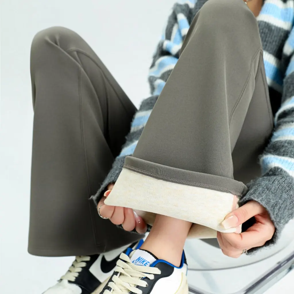 

Брюки для похудения с высокой талией на флисовой подкладке для женщин, свободные расклешенные модные брюки, осенне-зимние драпированные длинные брюки для мытья полов