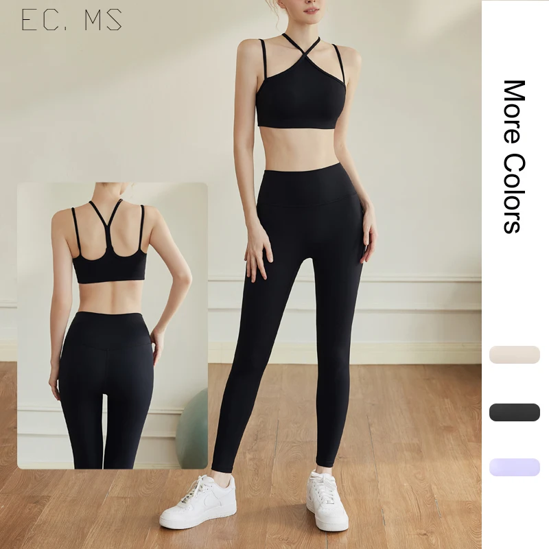 

Women Yoga Suits Triangle Collar Fixed Pads Bra High Waist Leggings 2pcs Exercise Sets