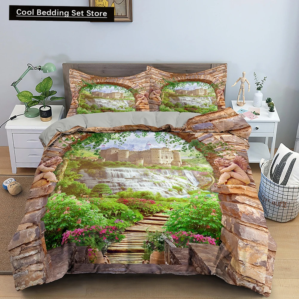 

3D Nature Landscape King Queen Duvet Cover Flowers Green Leaves Bedding Set Shimen View Quilt Cover Polyester Comforter Cover