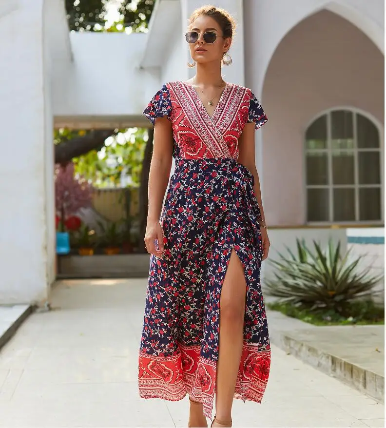 Short Sleeve Loose Plain Maxi Dresses Casual Long Dresses V Neck Maxi Summer Beach Dress British Women Sexy Slimming Dress