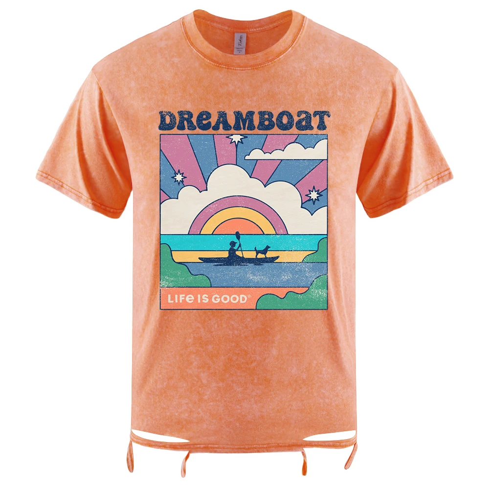 

Веслування по Dreamboat Lake, футболка с потертыми отверстиями, мужская летняя футболка с круглым вырезом и коротким рукавом, модная хлопковая футболка унисекс, футболки большого размера