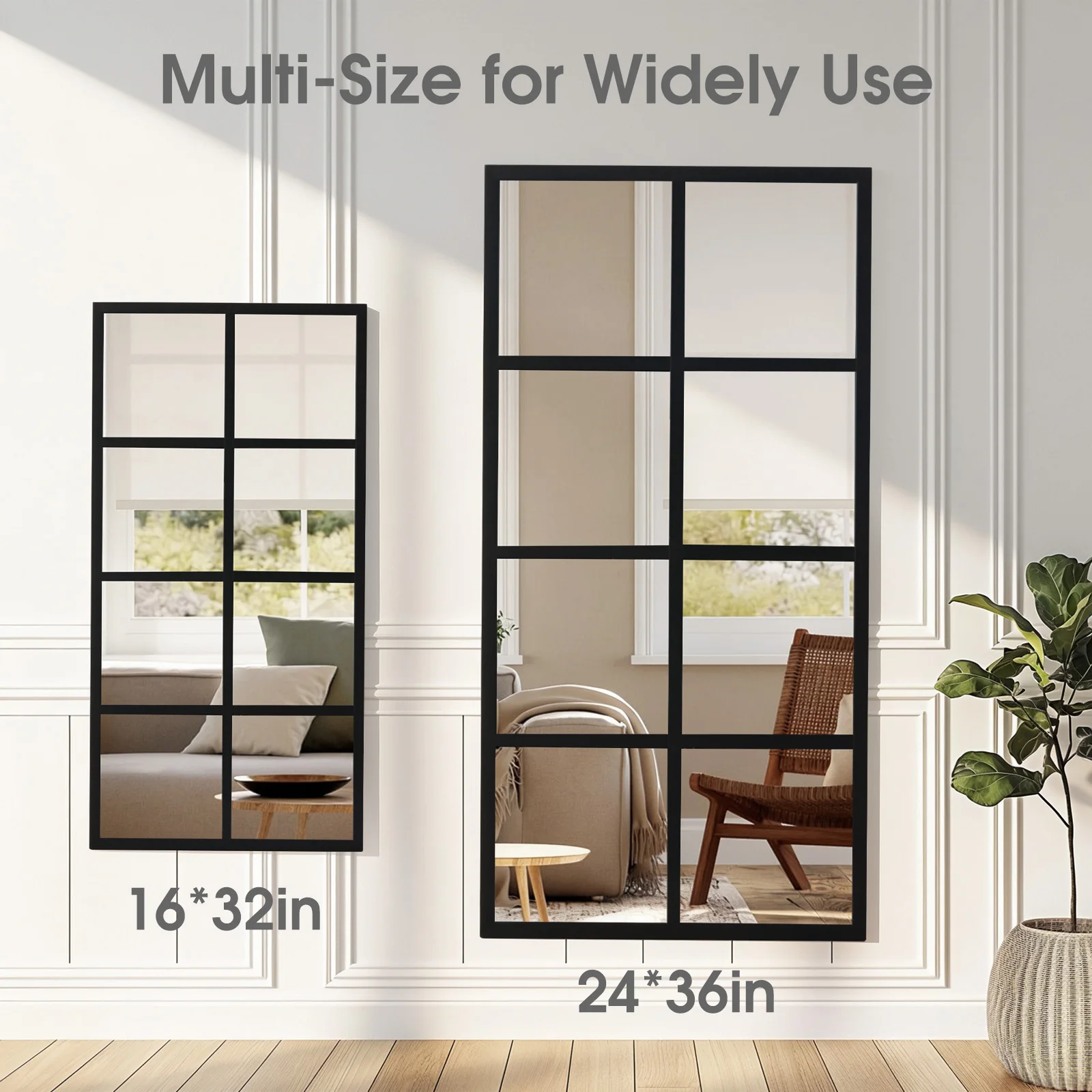 JHK Window Pane Wall Mirror Standing Hanging Full Body Wall Mirror Black Framed Mirrors for Wall Decor Living Room Metal Framed Big Square Mirror for Bathroom image 7