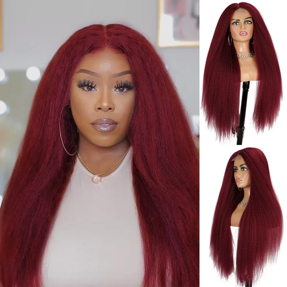 Burgundy Yaki 28 30 inch Wigs Long Brown Kinky Straight Wig For Women With Natural Hairline Hair Heat Temperature Glueless