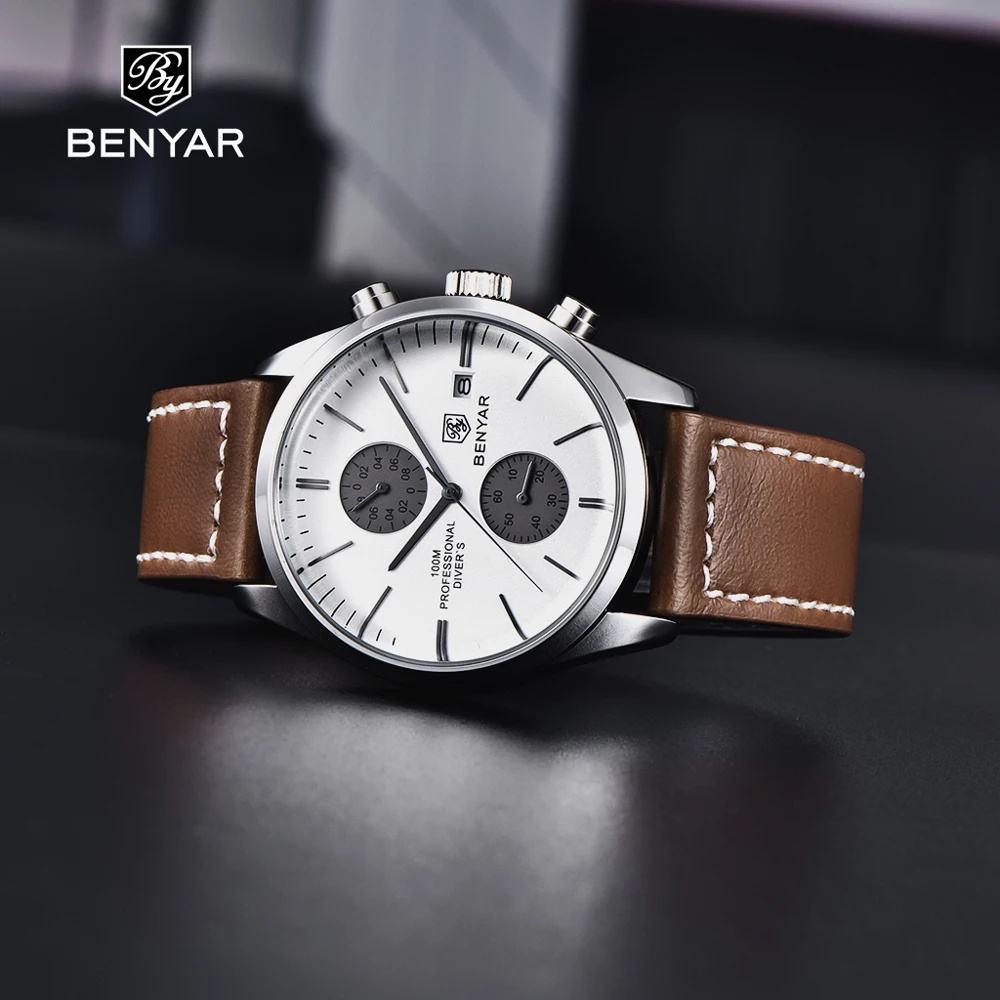 BENYAR Mens Watches 2023  Quartz Watch For Men Top Luxury Sports Military Fashion Leather Chronograph Luminous Relogio Masculino