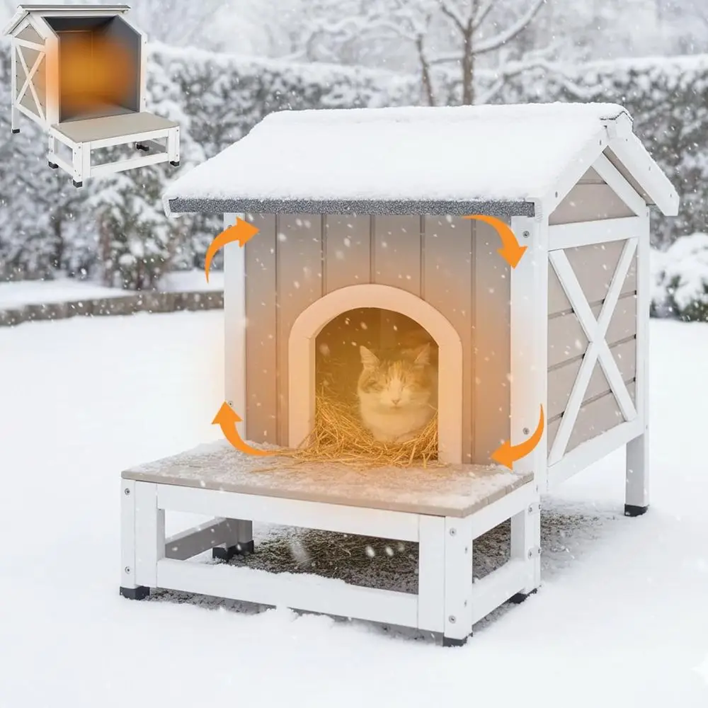 

Insulated Outdoor Cat Shelter with Weatherproof Wooden Design, Easy Entry Door, Raised Base, Balcony Porch, Openable Roof, and P