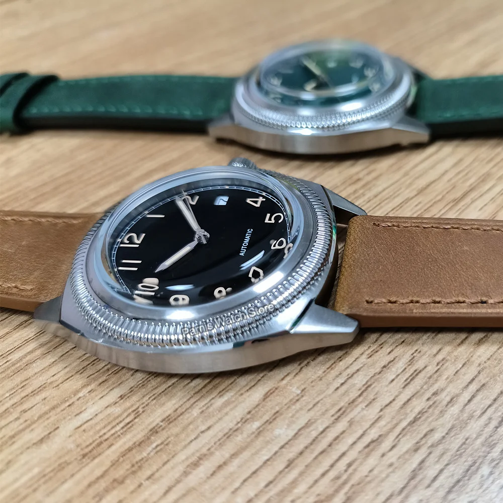 2024 Nieuwe Parnis 41Mm Groene Wijzerplaat Automatische Mechanische Mannen Horloge Leren Band Heren Waterdichte Horloges Klok