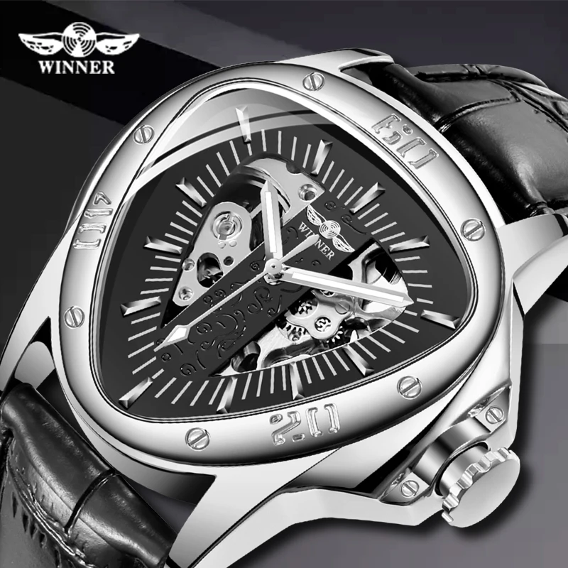 

Winner Creative Racing Design Triangle Design Silver Skeleton Dial Mens Watch Top Brand Luxury Automatic Mechanical Watch Clock