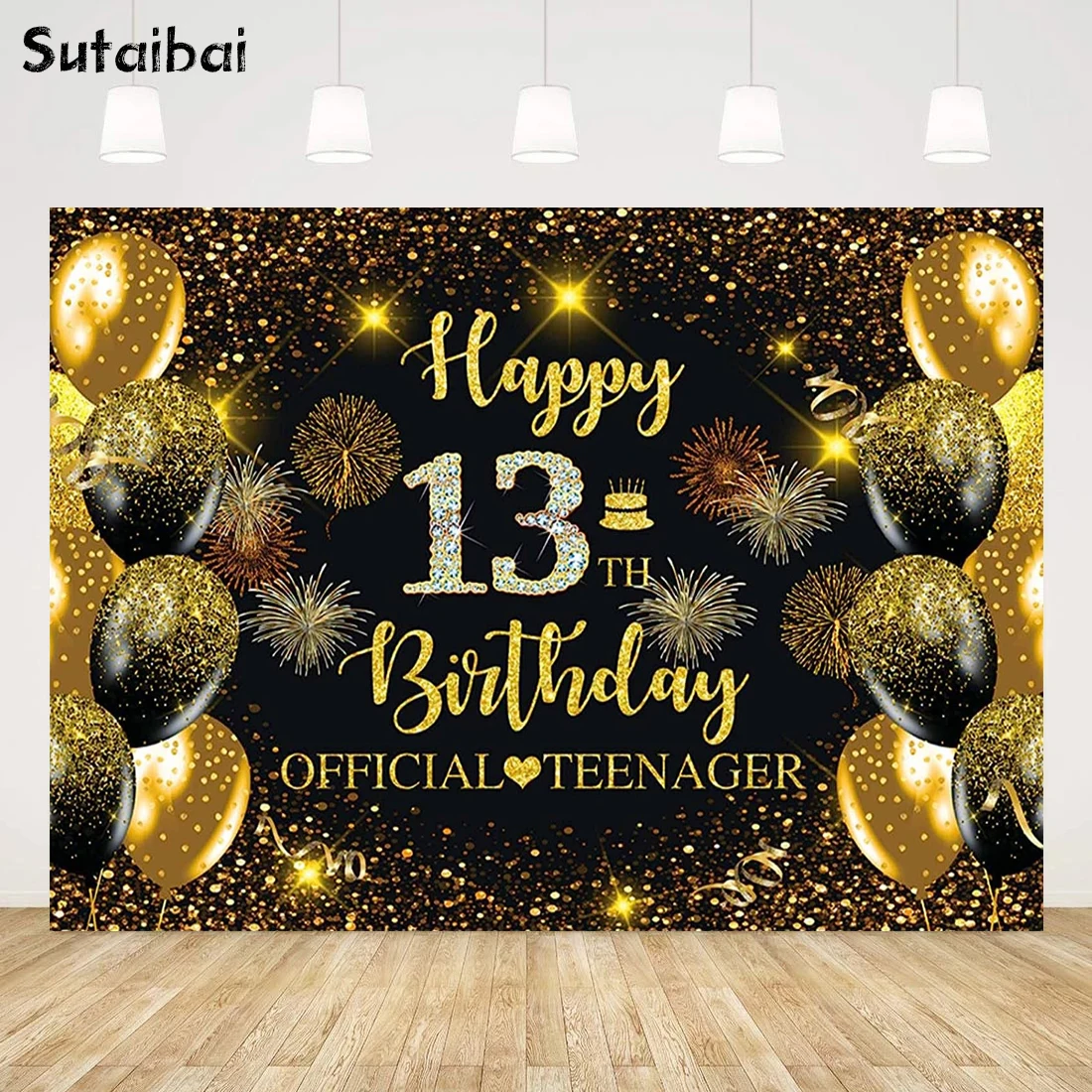 Happy 13th Birthday Party Backdrop Official Teenager Background Balloons Black and Gold Banner Decorations Supplies