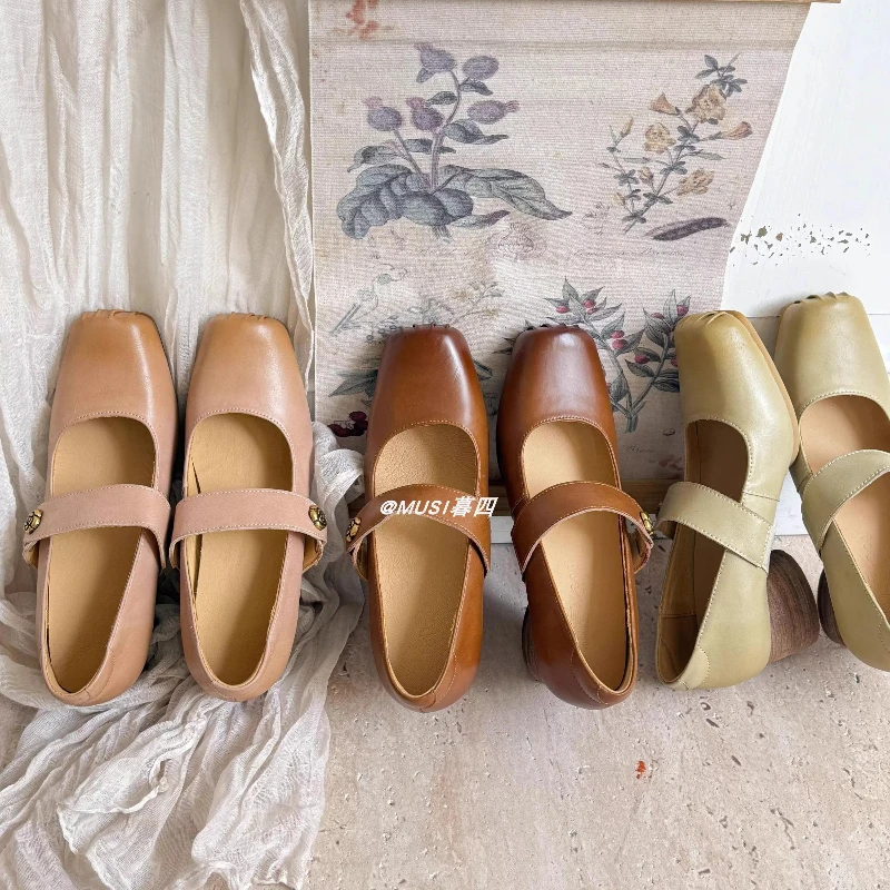 

Sheepskin Autumn Single Shoes Women Shallow Mouth Elegant Retro National Style New Chinese Leather Square Head Ballet High Heels
