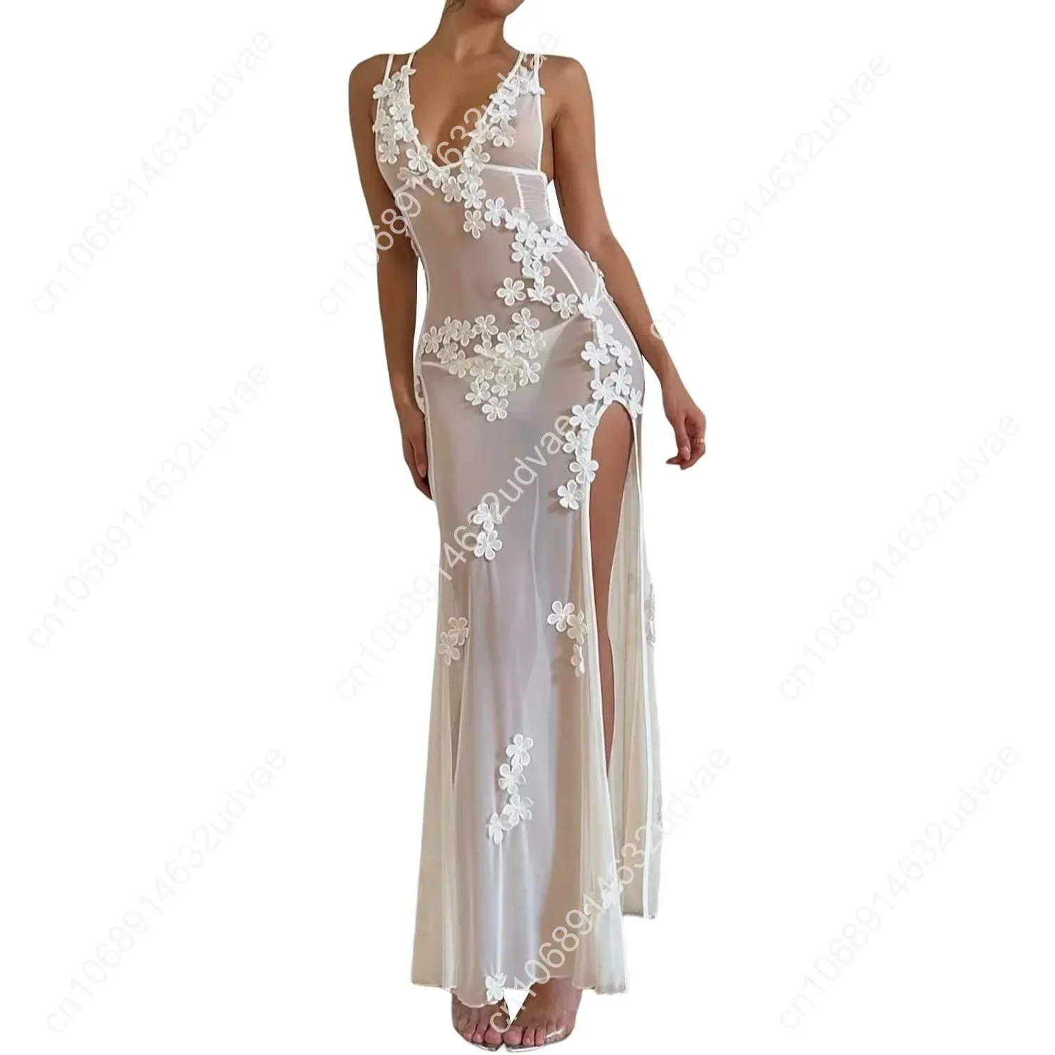 مثير انظر من خلال الدانتيل الشفاف فستان ماكسي المرقعة عارية الذراعين Bodycon فساتين طويلة شاطئ عطلة ملابس الحفلات