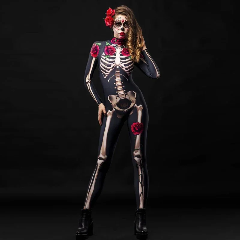 Adult Sexy Women Scary Ghost Costume Rose Skeleton Halloween Sexy Devil  Jumpsuit Kids Baby Girl Carnival Party Day of The Dead