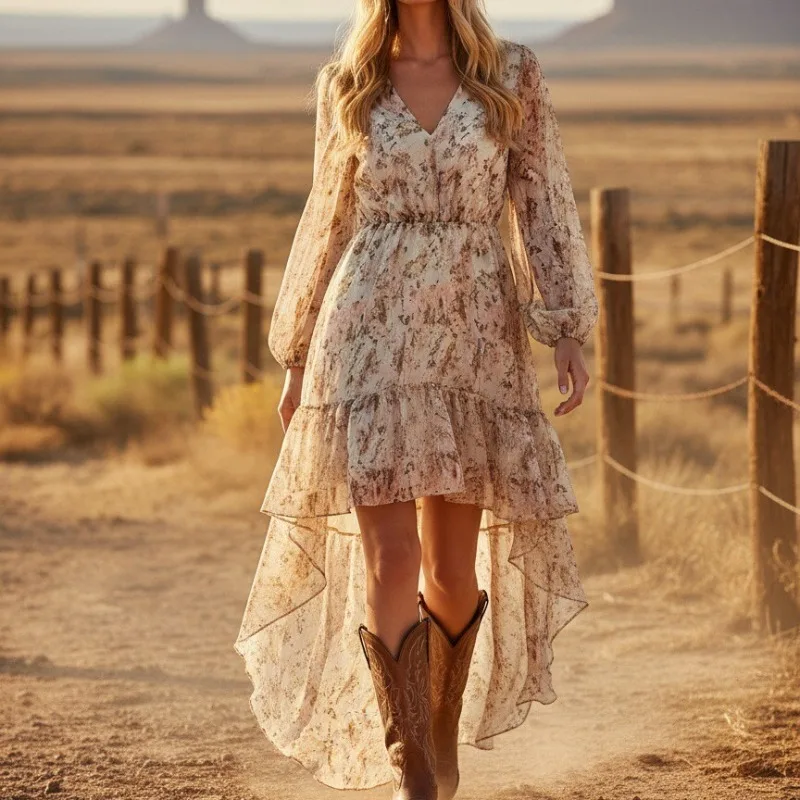 Sukienki damskie w stylu boho z nadrukiem, francuska moda koszulowa, sukienki letnie w kształcie litery A z dekoltem w serek, dopasowane w talii, codzienne ubrania, sukienki damskie z długim rękawem.