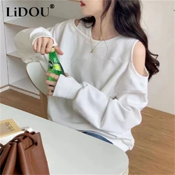 Lente Herfst Ronde Hals Off The Shoulder All-Match Casual Sweatshirt Dames Uitgehold Effen Kleur Top Vrouwen Oversized Pullover