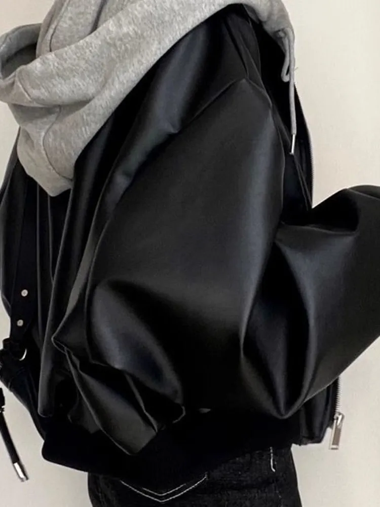 Retro chique casual duplo ket abotoado solto ajuste falso de duas peças com capuz jaqueta de couro para mulher corte reto longo sve