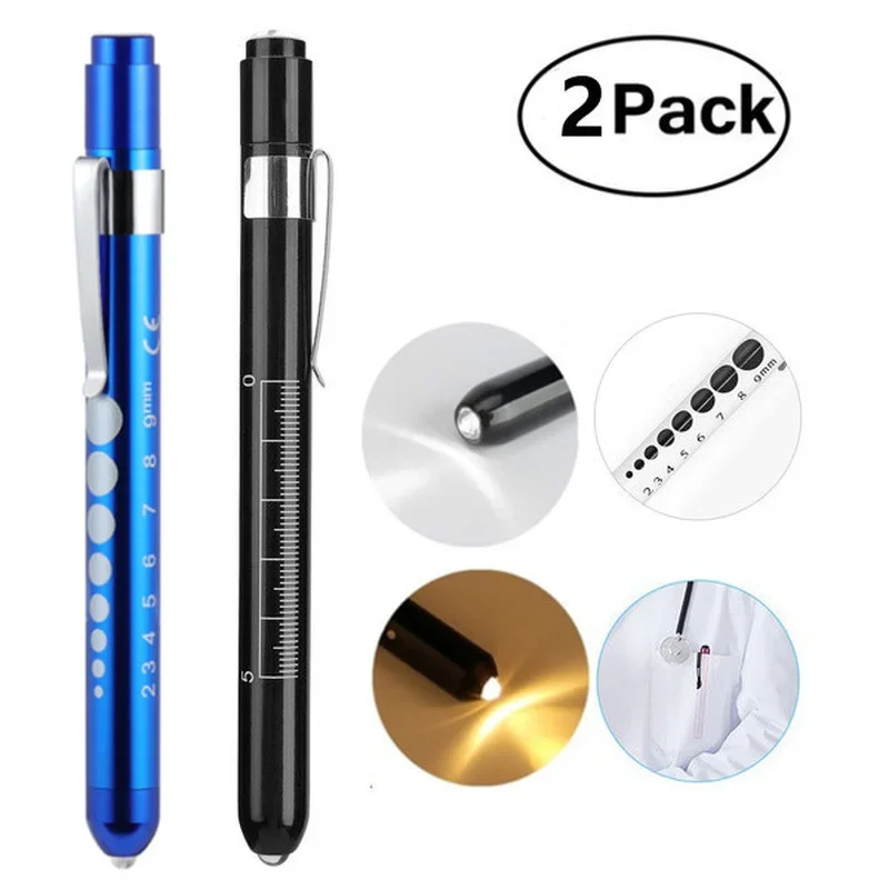 2Pcs Portable Led Flashlight Work Light Medical First Aid Pen Light Torch Lamp with Pupil Gauge Measurements Doctor Diagnosis