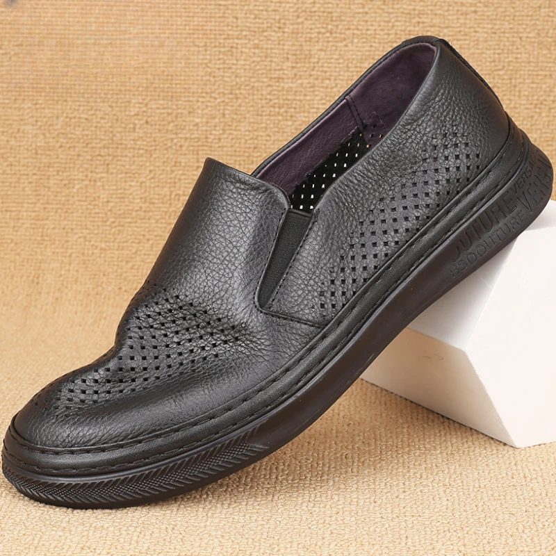 British Style Men\'s Genuine Leather Shoes Breathable Casual Sewing Loafers Handmade Comfortable Designer Flats Black M2669