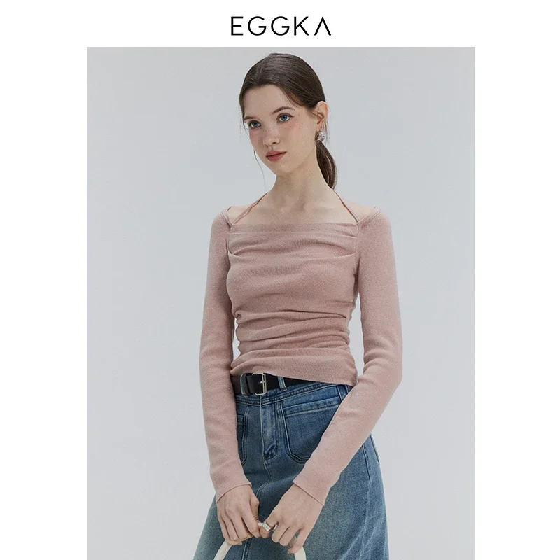 EGGKA Autumn One-shoulder Halter Neck Knitted Tops Women Slim Designer T-Shirts Slash Neck Long Sleeve Tops Korean Fashion Tees