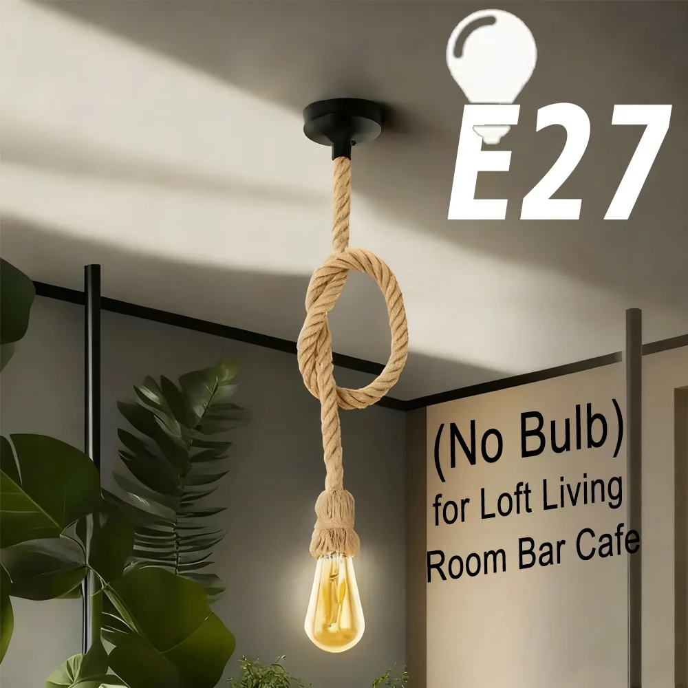 Retro Hemp Rope Pendant Light Base Vintage Industrial Chandelier E27 Ceiling Hanging Lamp for Loft Living Room Bar(No Led Bulb)