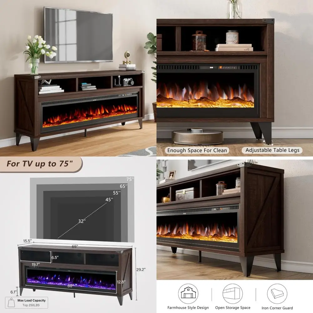 

Industrial 65 Farmhouse Style TV Stand with 60 Tempered Glass Electric Fireplace and Media Console