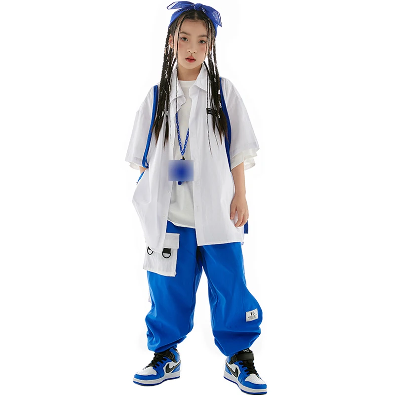 Children Hip Hop Costume Street Dance Outfits Fashion White Shirt Blue Pants Boys Hiphop Performance Clothes Girls Wear BL10892