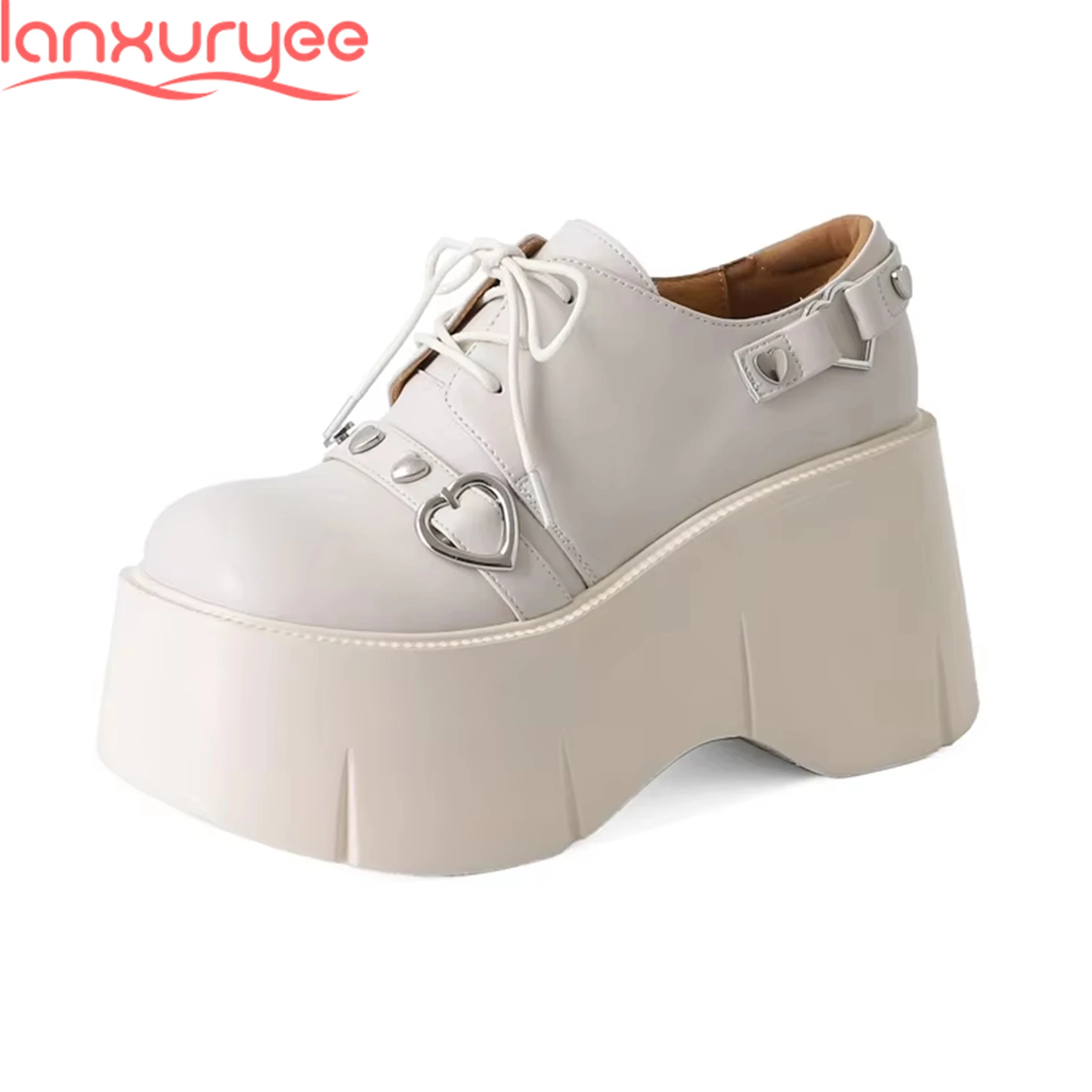 

Lanxuryee Cow Leather Super High Heels Beige Shoes Rivets Platform Thick Bottom Vacation Luxury Increasing Brand Ins Women Pumps