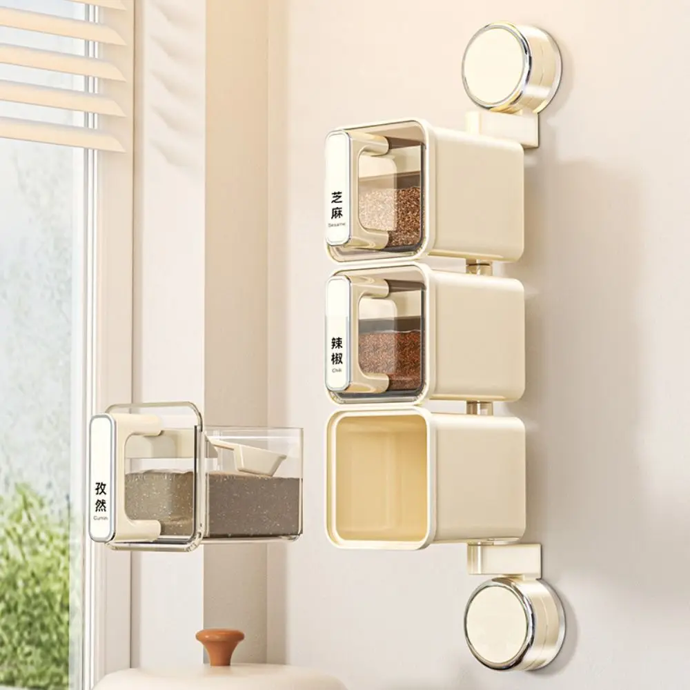 

Rotating Suction Cup Seasoning Box Moisture-proof 2/3 Grids Condiment Storage Rack with Spoons Space Saving