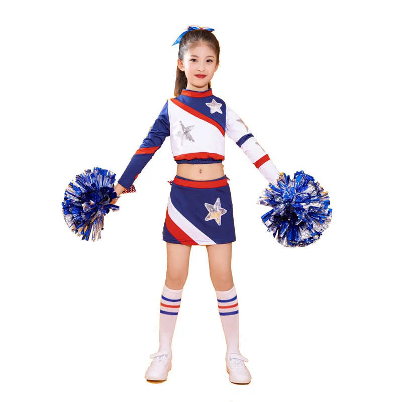 Pompoms And Socks Girls Cheerleading Uniform Dance Costume Long Sleeves Kids Cheerleader Outfit Round Neckline Patchwork Style D