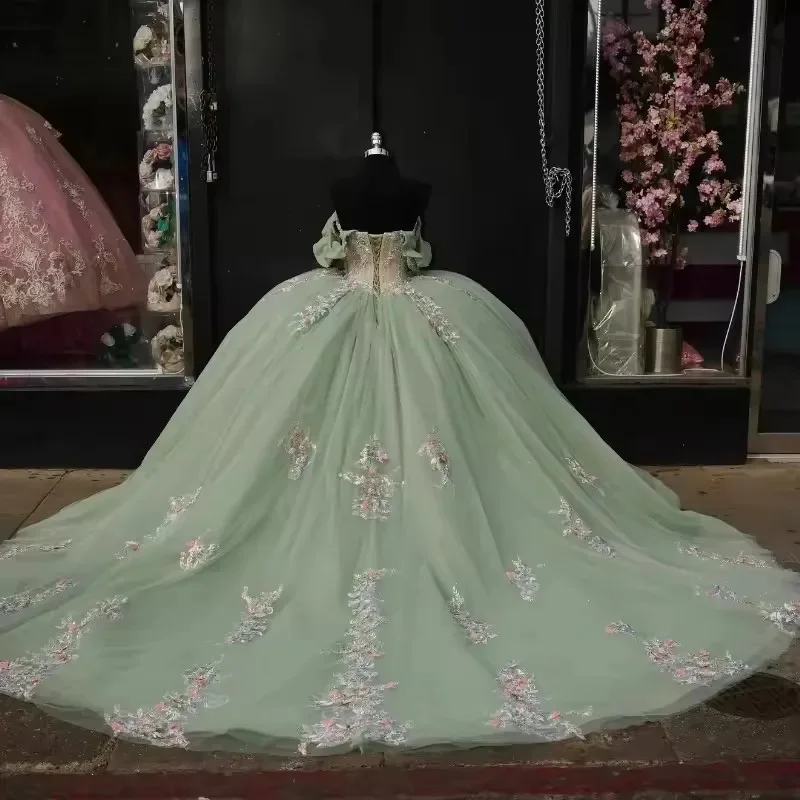 Brilhante sage verde quinceanera vestidos de luxo renda rosa flor vestidos de 15 anos festa aniversário baile princesa