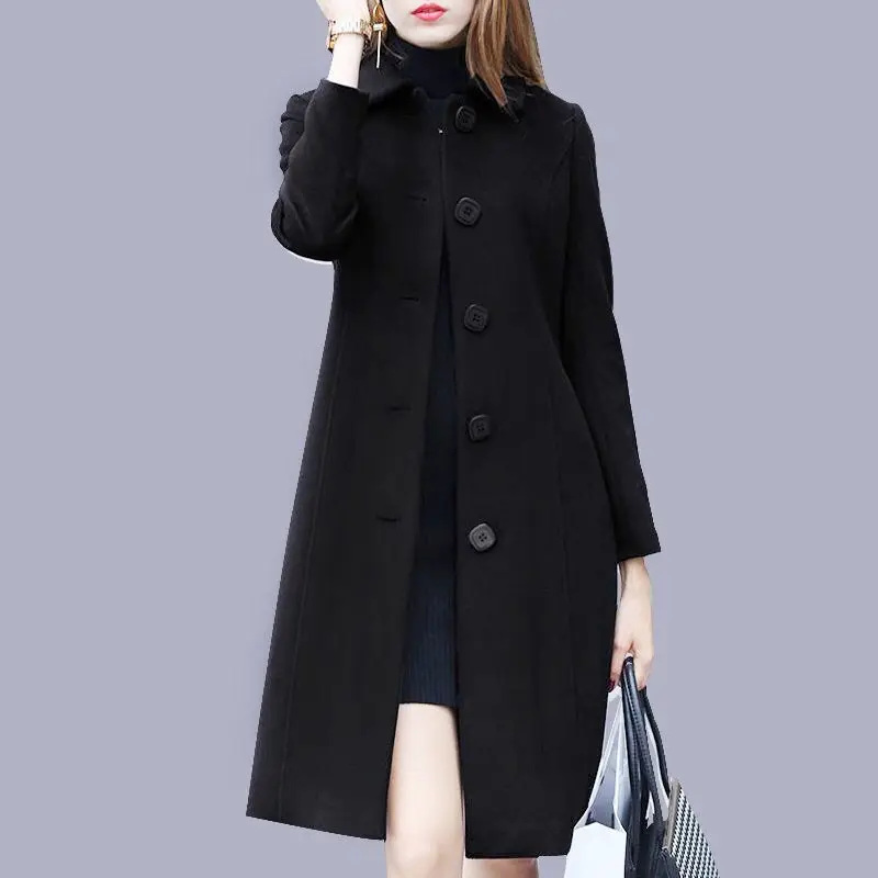 2023 New Fashion British Solid Button Woolen Coat Women Long Sleeve Coats Woman Elegant Pocket Slim Outwear Mujer