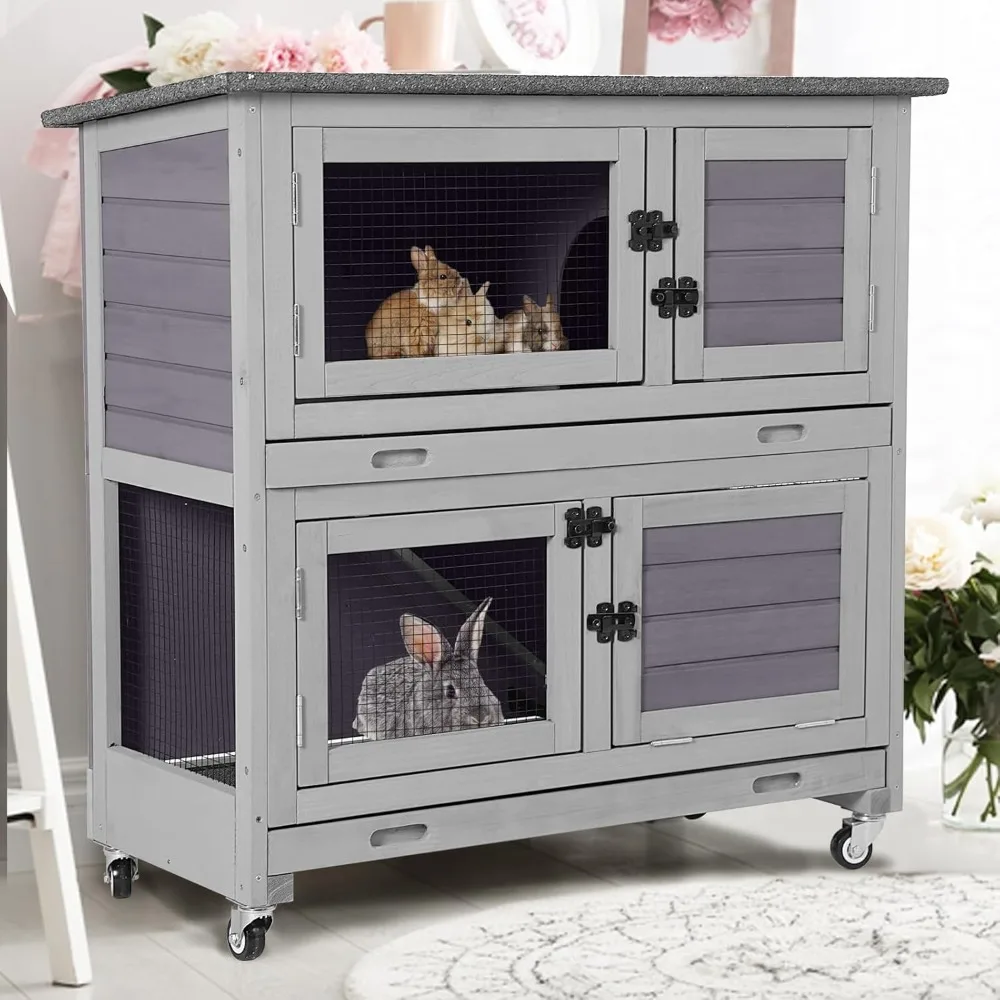 

Indoor Rabbit Hutch Cage with Trap Door 2 Story Levels 2 Trays Guinea Pig Cage on Wheels 36 Inches
