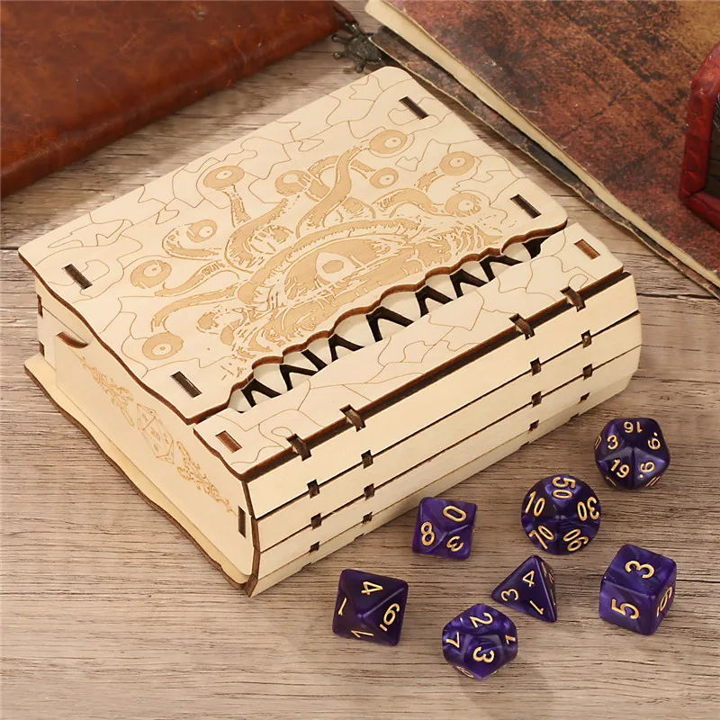 Fantasy Eye Demon Teeth Nature Wood Storage Box 7pcs/set Polyhedral Dices for Table Board Role Play Gaming Jewelry Display Case