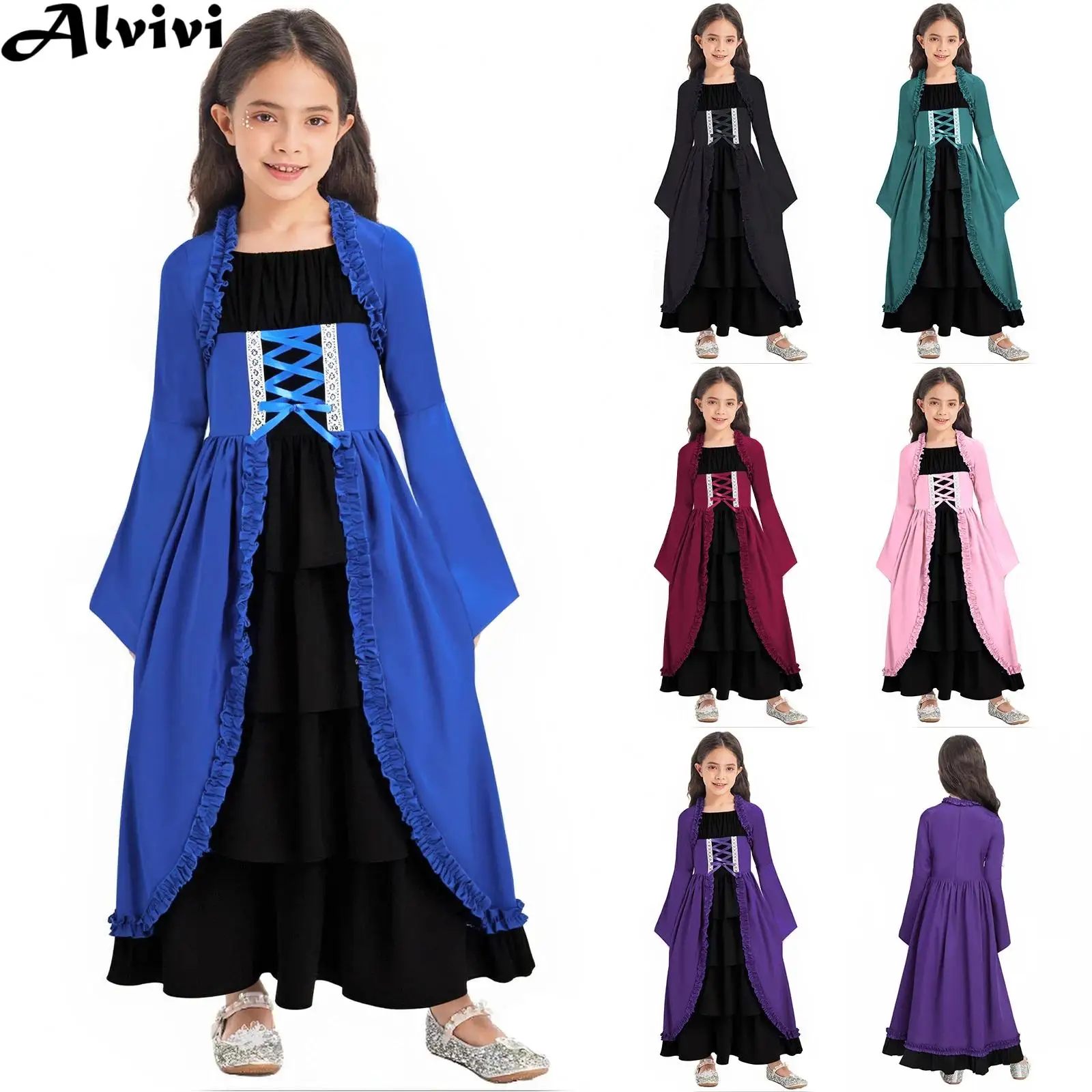 Kids Girls Long Sleeve Renaissance Dress Halloween Theme Party Medieval Peasant Cosplay Costume Layered Ruffle Vintage Gown