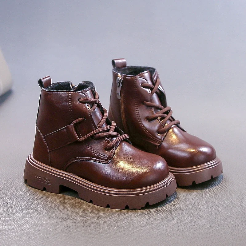 

2025 Autumn Winter Girls Fashion Short Boots Soild Color Versatile Leather Boots Side Zipper Children Princess Boots Round Toes