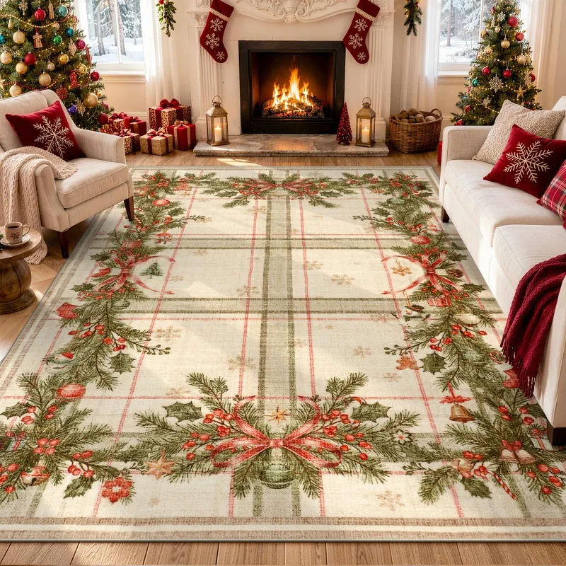 Christmas Plaid Tartan Area Rug Red Green Check Rectangle Floor Rug for Living Room Indoor Holiday Xmas Decor Large Area Rug