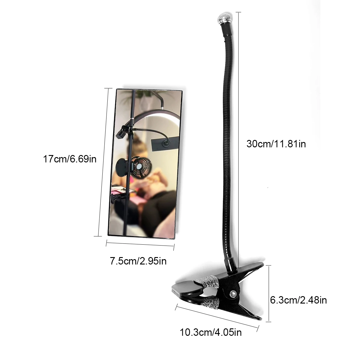 1pc clipe no espelho para extensão dos cílios com quadro protetor, preto 360 ° Haste de metal com espelho convexo, estéreo de segurança de escritório