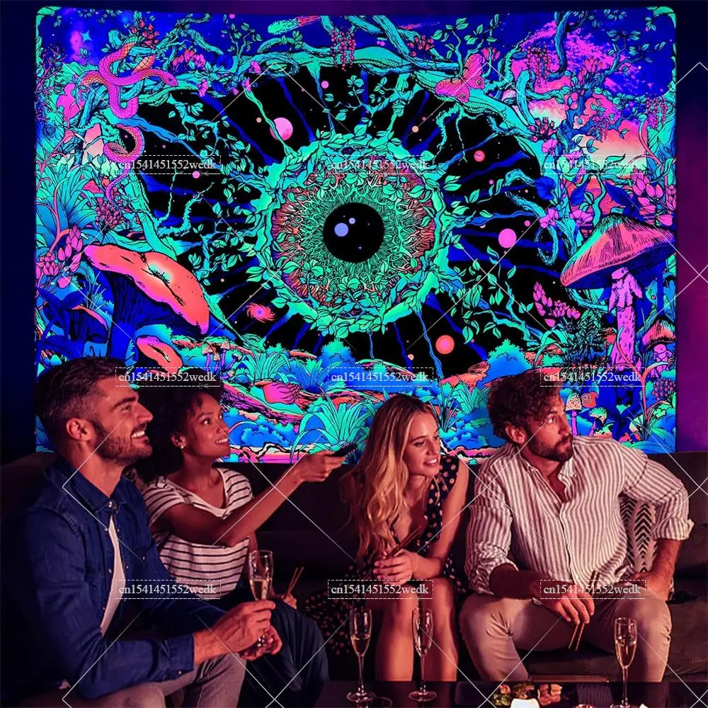 Blacklight Mushroom Tapestry UV Reactive Hippie Eye Butterfly Snake Neon Tapestrys Floral Plants Black Light Wall Tapestries
