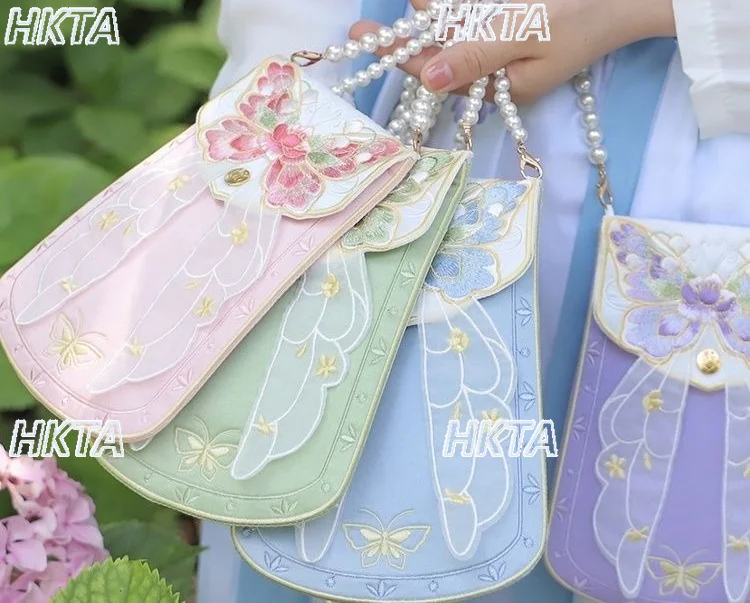 Chinese Embroidery Hanfu Antique Versatile Bag Sweet Lolita Flower Embroidery Butterfly Pearl Messenger Chain Bag Backpack Women