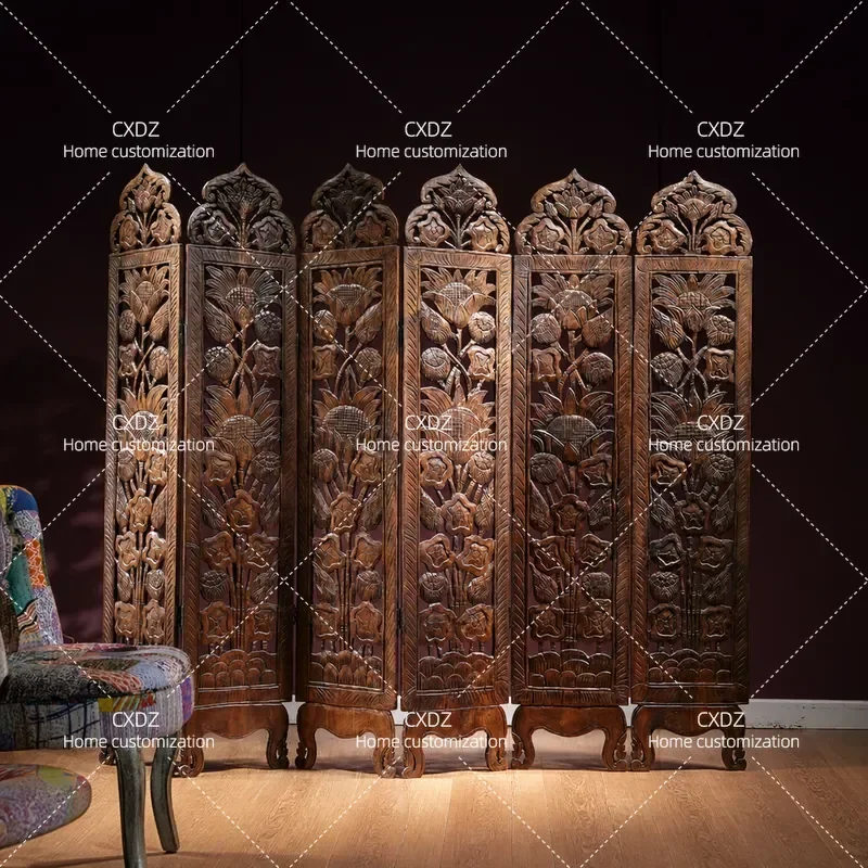Solid Wood Elephant Carved Double Sided Screen Wood Carving Entrance Living Room Tea Room Decorative Partition