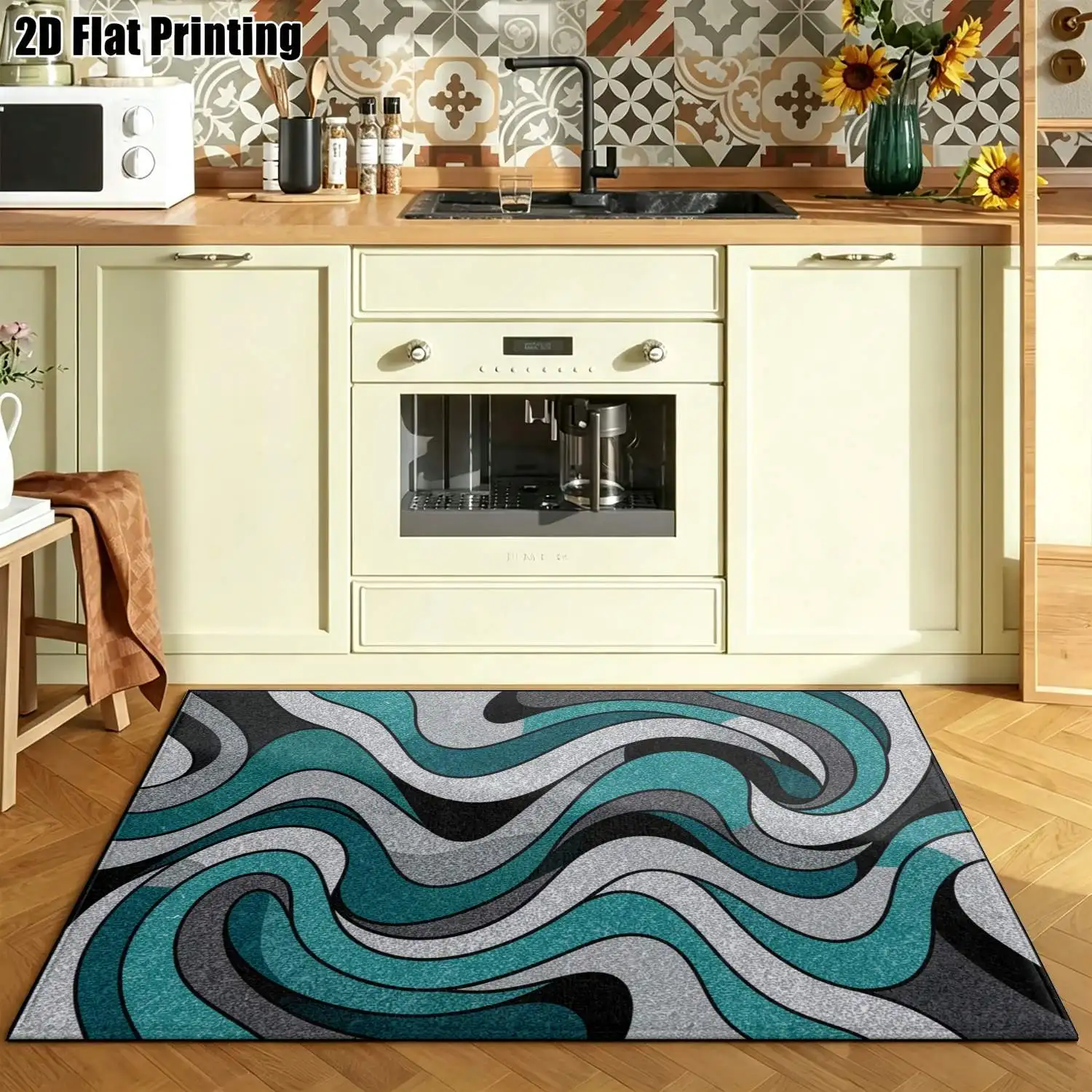 1Pc 2D Printed Carpet: Green-Gray Wave Abstract Pattern, Modern Simple Home Decor, Multi-Size, Machine Washable, Ideal for Door Mats, Dining, Foyer, Bedroom, Study, Living Room