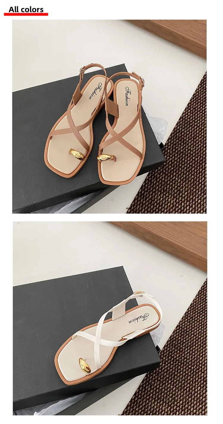 2026 Damen Sandalen mit flachem Absatz, Zehenclip, lässige Römersandalen, Sommer, schmaler Riemen, Knöchelschnalle, Strandschuhe für Damen – Detail 16