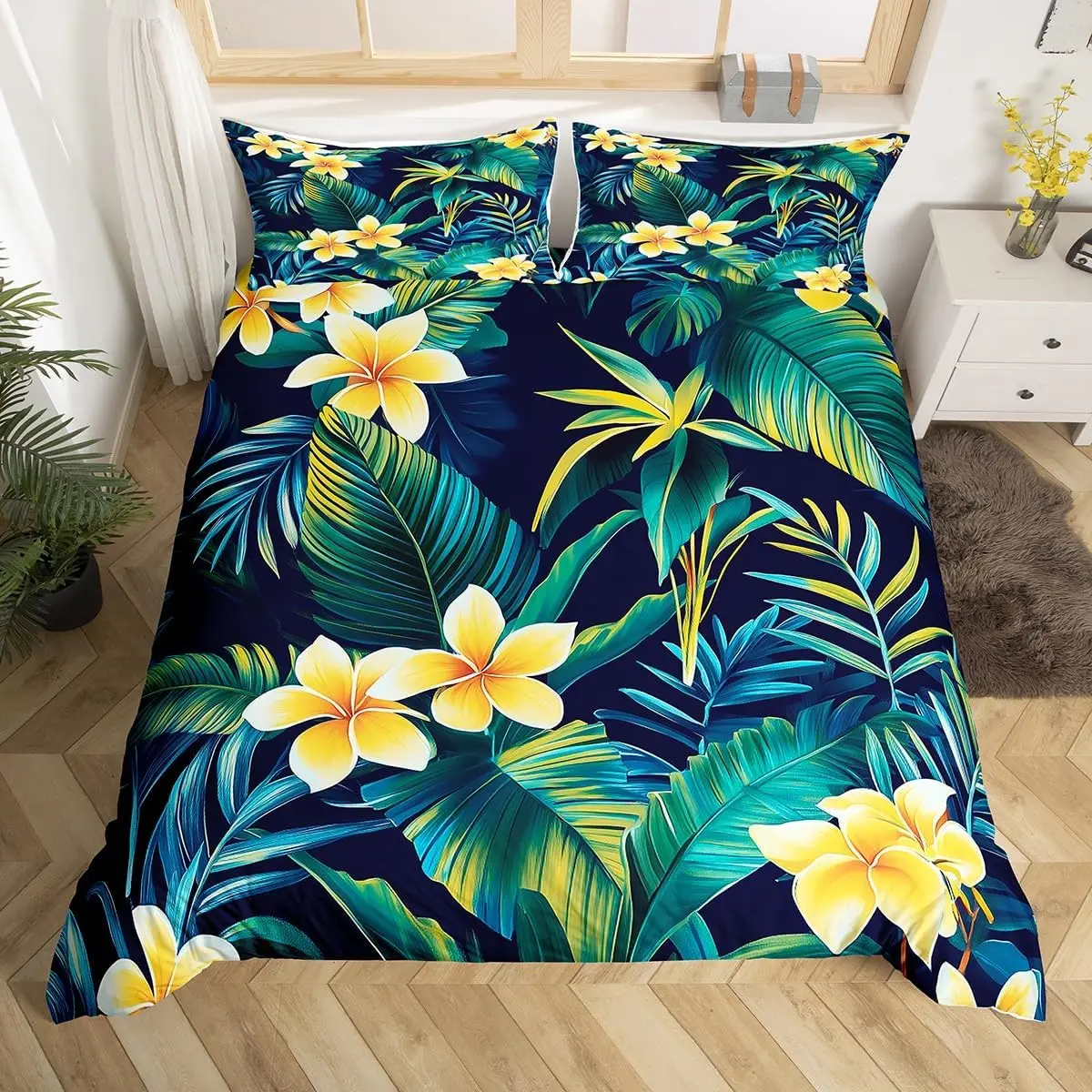 Hibiscus Duvet Cover Twin Colorful Rose of Sharon Bedding Set,Botanical Floral Comforter Cover Tropical Palm Leaves Quilt Cover