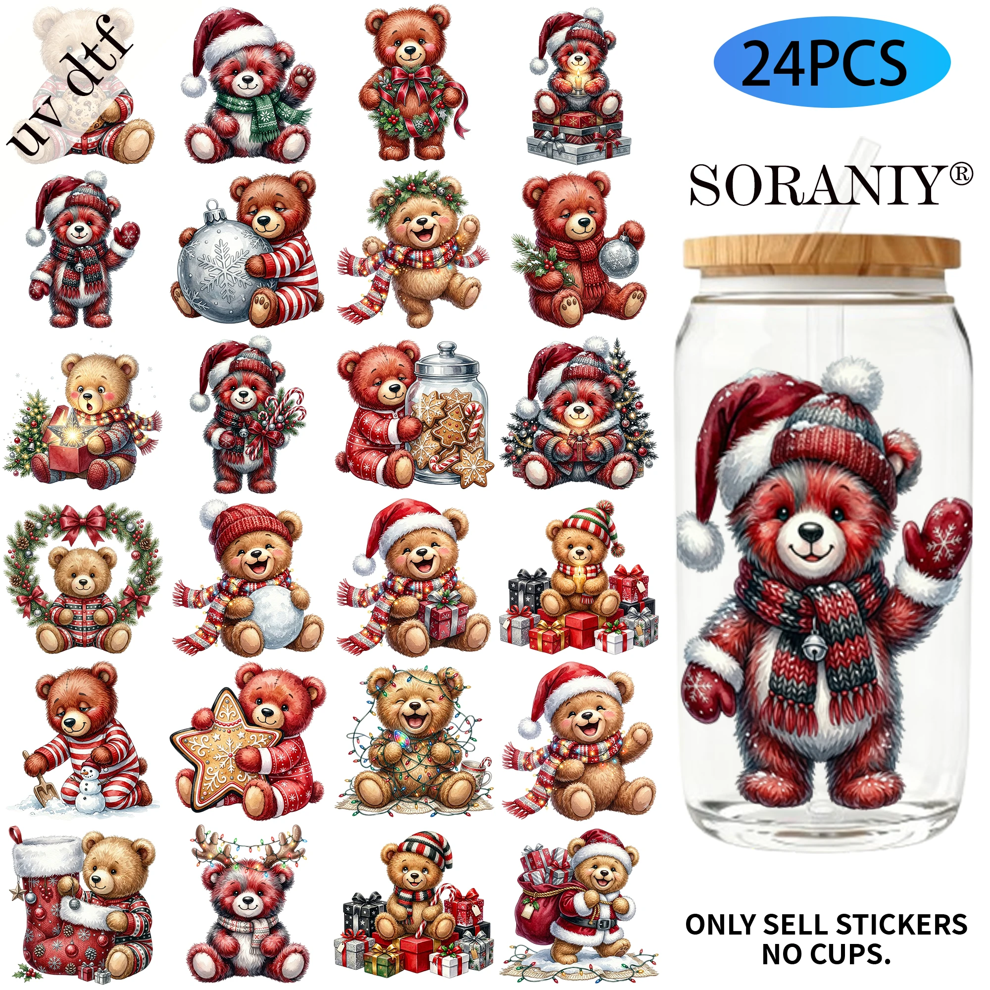 24PCS/Set Whimsical Teddy Bear Christmas  Themed UV DTF 16OZ DIY Transfer Paper Set Golden Text Used For 16oz Water Bottles Glas