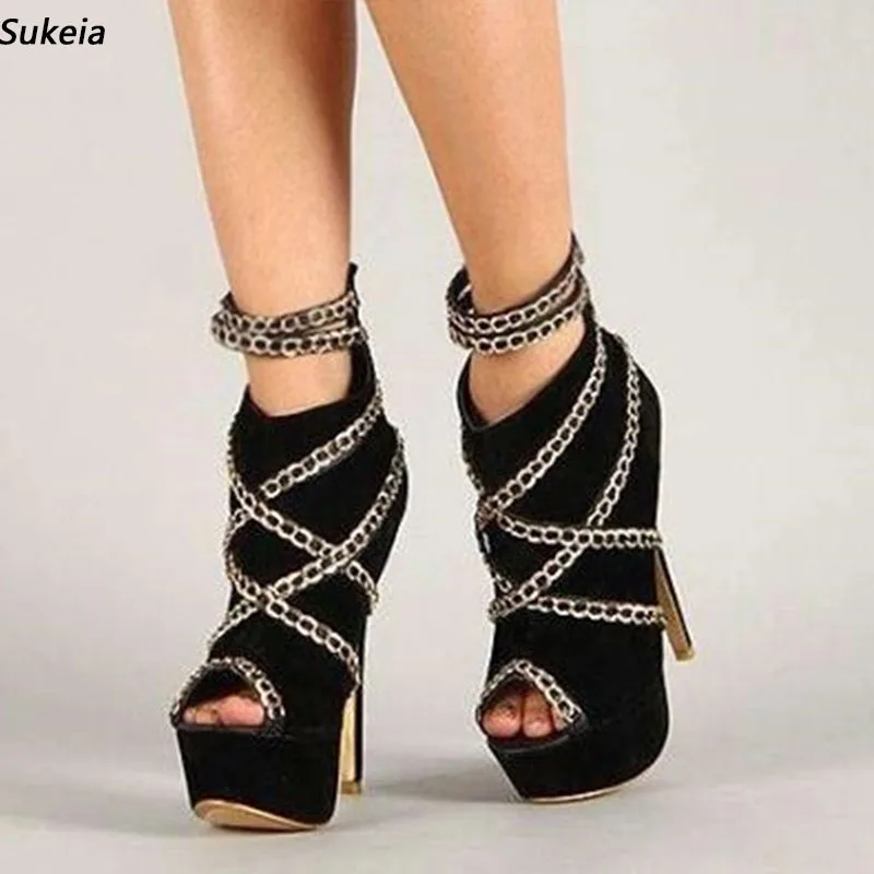 

Sukeia New Fashion Women Pumps Suede Peep Toe Sexy Chain Stiletto Heels Pretty Black Party Shoes Ladies Plus US Size 5-20